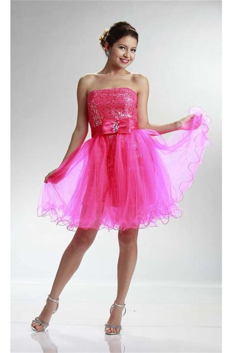 Cute Strapless Short Hot Pink Sequin Prom Dress With Detachable Skirt