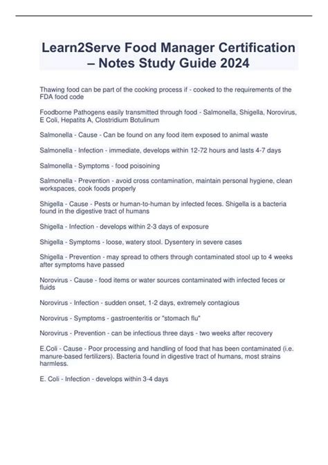 Learn2serve Food Manager Certification Notes Study Guide 2024