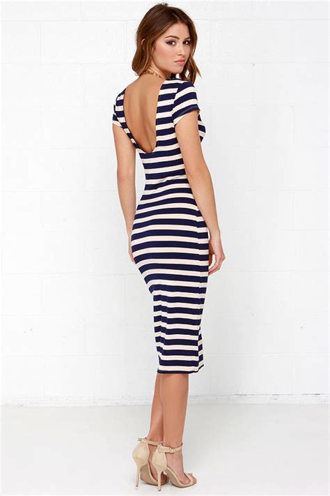 Chic Beige And Navy Blue Dress Striped Dress Midi Dress Bodycon