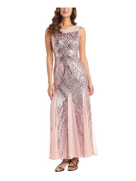 NIGHTWAY Womens Pink Stretch Zippered Sequined Mesh Sleeveless Round Neck Maxi Formal Gown Dress