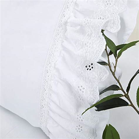 Eyelet Pillow Shams Ruffled King Bright White Shabby Chic Lace Set Of 2