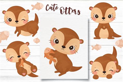 Adorable Little Otters Clipart Set Graphic By Drawstudio1988 · Creative