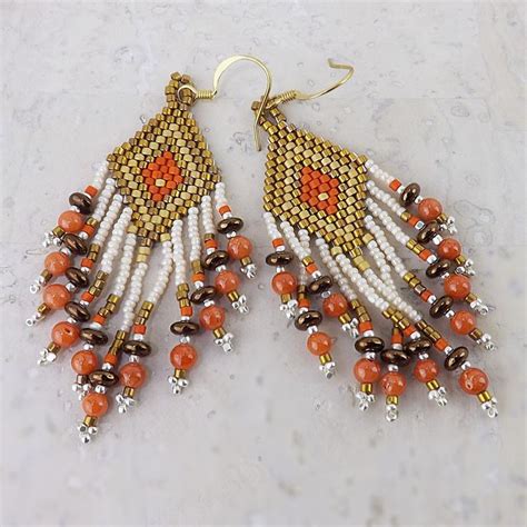 Fringed Seed Bead Earrings Coral And Gold Bead Earrings Etsy Gold