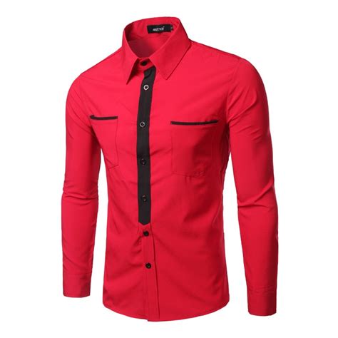 Buy Casual Red Men Shirt Patchwork Tie Solid Dress