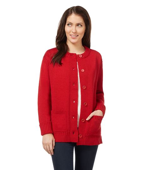 Red Pure Wool Womens Pure Wool Guernsey Long Crew Neck Cardigan