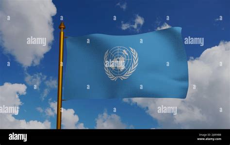 United Nations Organization Uno Flag Waving 3d Render With Flagpole And