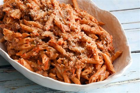 Penne Pasta With Creamy Tomato And Meat Sauce Recipe