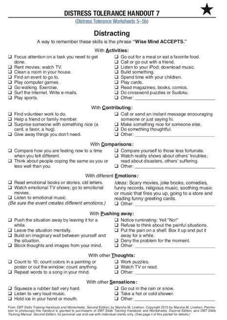 Dbt Dialetical Behavior Therapy Worksheet For Distress Tolerance