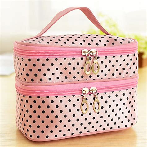 Polyester Double Layer Portable Travel Cosmetic Case Makeup Organizer