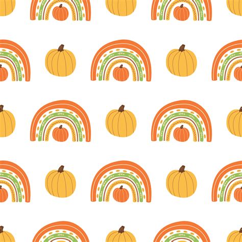 Fall Rainbow With Pumpkin Pattern Cute Autumn Seamless Background
