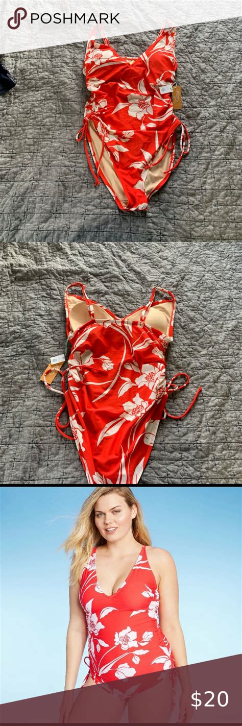 Kona Sol Cinch Side Swimsuit Red Floral Xl Red Swimsuit Kona Sol