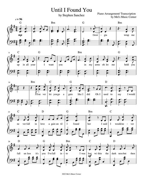 Stephen Sanchez Until I Found You Piano Sheet Music Sheets By Mel Music Corner