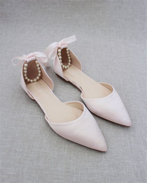 Dusty Pink Satin Pointy Toe Flats With Pearls Ankle Strap Etsy