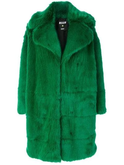 Msgm Green Long Faux Fur Coat Modesens