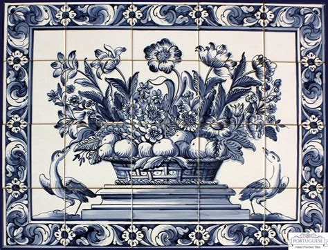 Portuguese Hand Painted Blue Flowers Vase Tile Mural Azulejos A