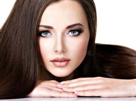 Portrait Of Beautiful Young Woman With Long Straight Brown Hair Stock