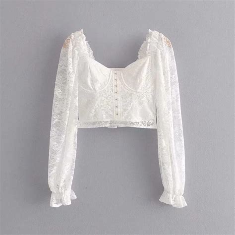romantic semi sheer white lace square neck long sleeve blouse top