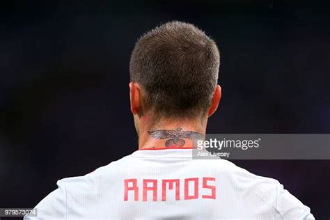 Sergio Ramos Of Spains Tattoo Is Seen On His Neck During The 2018