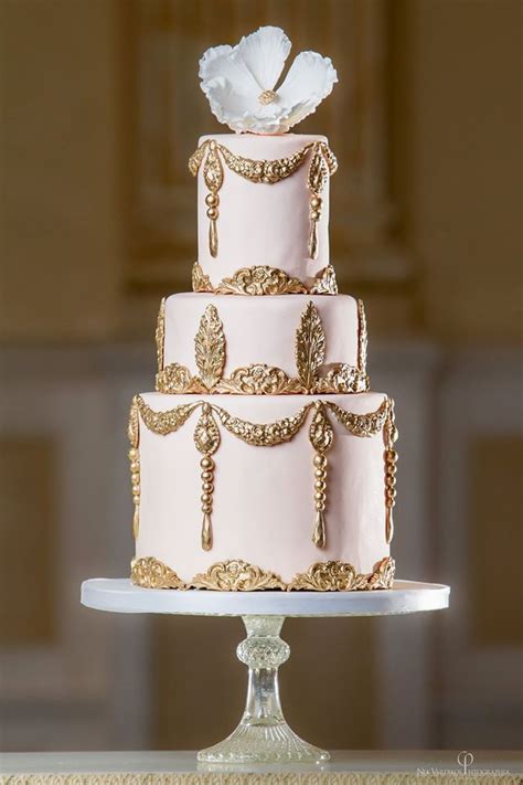 Elegant Blush And Gold Wedding Cake Deer Pearl Flowers
