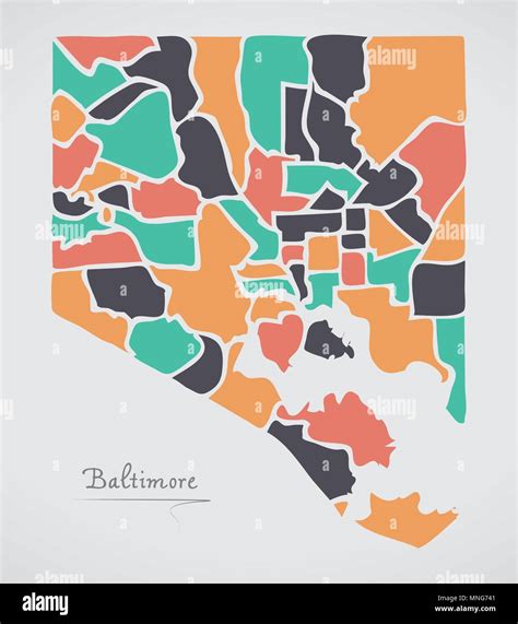 Baltimore Maryland Map With Neighborhoods And Modern Round Shapes Stock