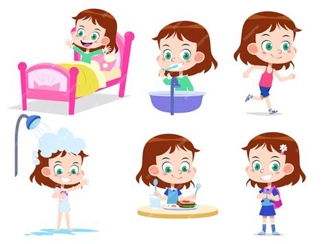 premium vector vector illustration of a cartoon girl set daily routine morning activities from