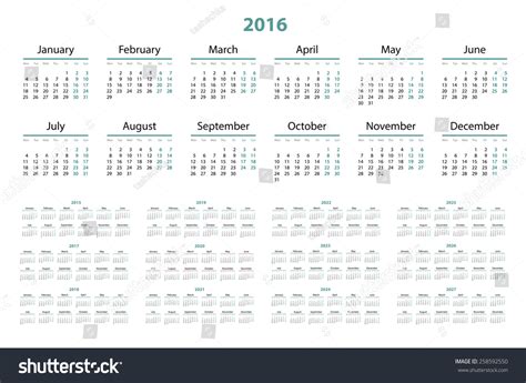 Calendar 2015 2016 2017 2018 2019 Stock Vector 258592550 Shutterstock