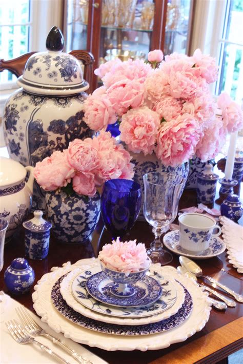 Blue Willow And Pink Peonies Tablescape Stonegable