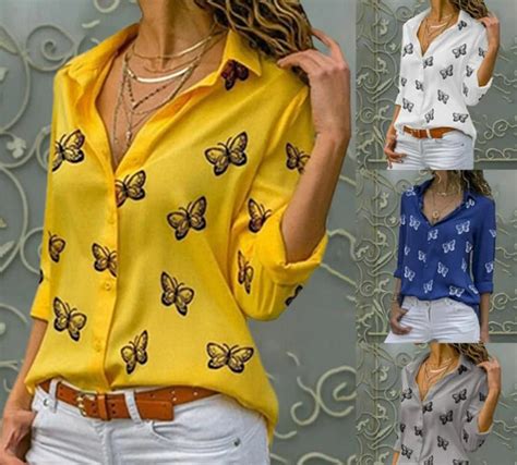 Fashion Womens Butterfly Print Blouse Shirt Spring Summer Etsy