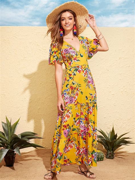 Colorful Yellow Floral Ruffle Sleeve Maxi Dress Maxi Dress With Sleeves Waistband Dress Long