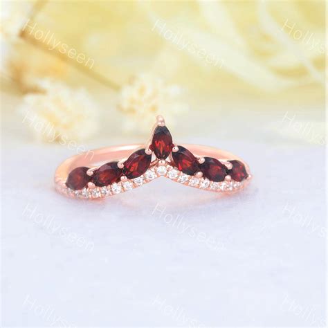 Garnet Rose Gold Wedding Band Red Gemstone Engagement Ring Curved Vintage Art Deco Stackable