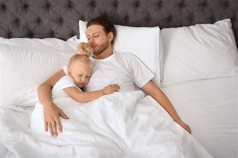 Father And His Cute Daughter Sleeping In Bed Stock Image Image Of