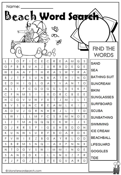 Beach Word Search Monster Word Search
