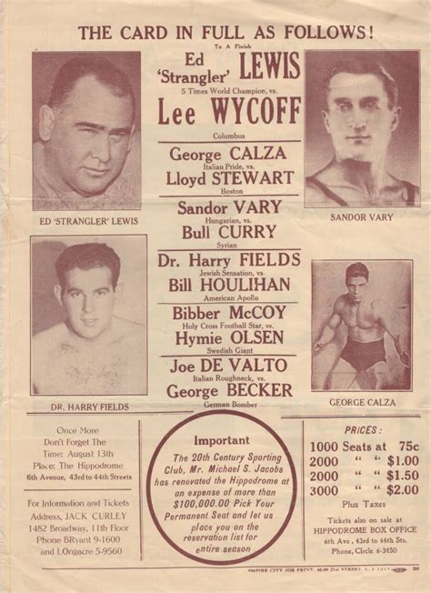 ed strangler lewis vs lee wycoff original 1936 wrestling program poster hippodrome nyc
