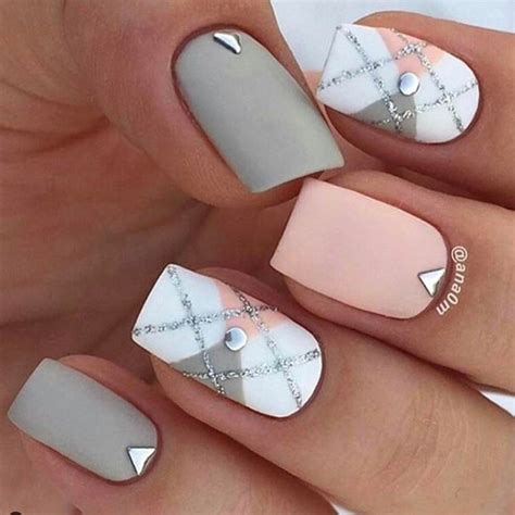 Checked pattern Summer squared nails. Rose pink and white grey pattern ...