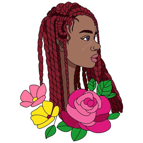 tresses rouges femme noire africaine avec quelques fleurs afro fille coiffure illustration