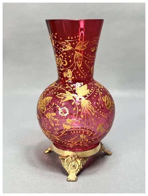 Victorian Moser Ruby Cranberry Art Glass Bud Vase Enamel Gild Flowers Ruby Lane