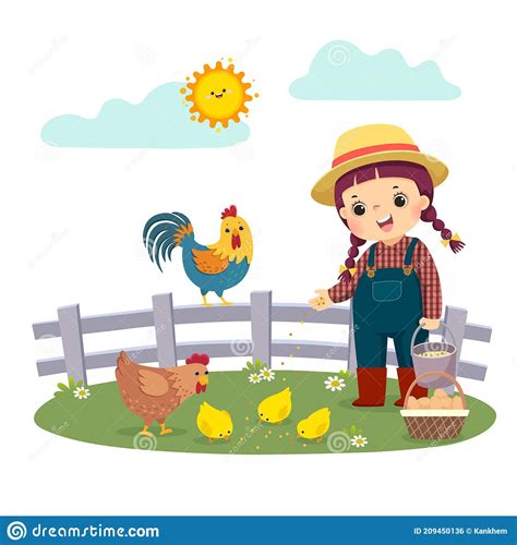 Cartoon Of Little Girl Farmer Feeding Her Chickens Stock Vector