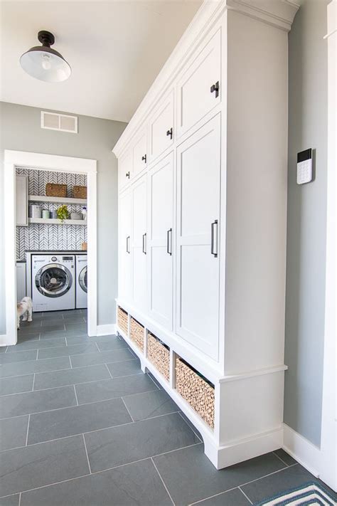 Blue And Gray Mudroom Blue Slate Tile White Lockers And Baskets In