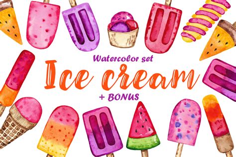 Ice Cream Watercolor Set Bonus On Yellow Images Creative Store