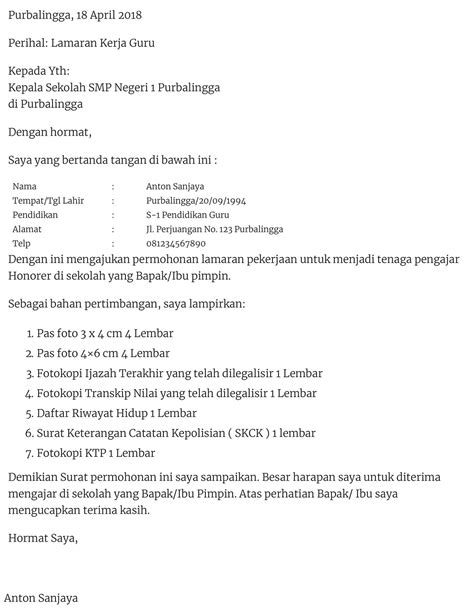 Contoh Surat Lamaran Menjadi Guru Di Sma  Contoh Surat