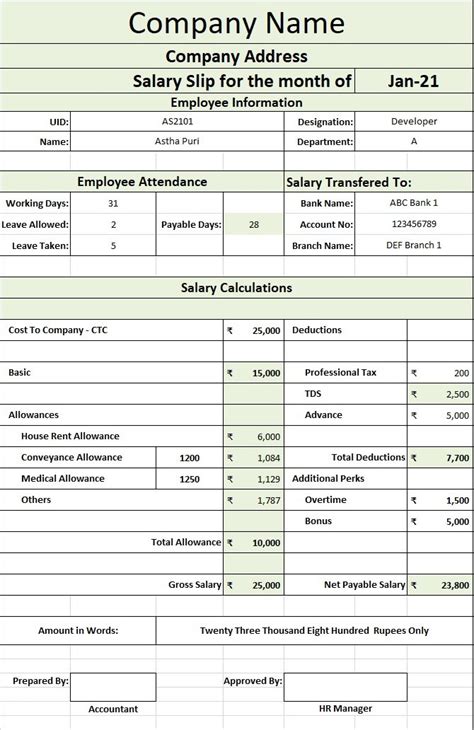 Ctc Salary Slip Format In Excel Oploo