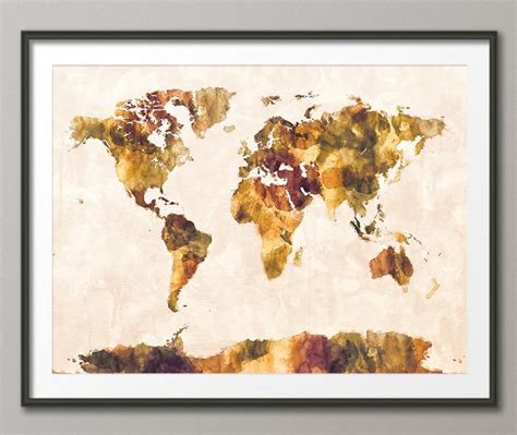 Map Of The World Map Watercolor Painting Art Print 1425 Etsy