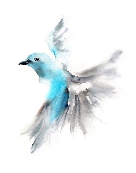 Bird Art Print Flying Blue Tanager Light Blue Grey Bird Watercolor