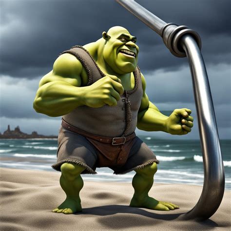 Shrek With Huge Muscles Bending A Metal Pipe At The Beach Ai