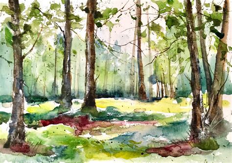 aquarelle originale livraison gratuite la forêt de pins paysage forêt vert feuilles arbres