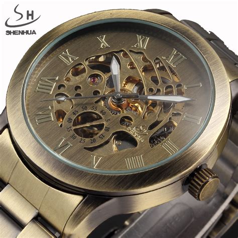 Shenhua Luxury Brand Bronze Men Skeleton Mechanical Watches Male Clock