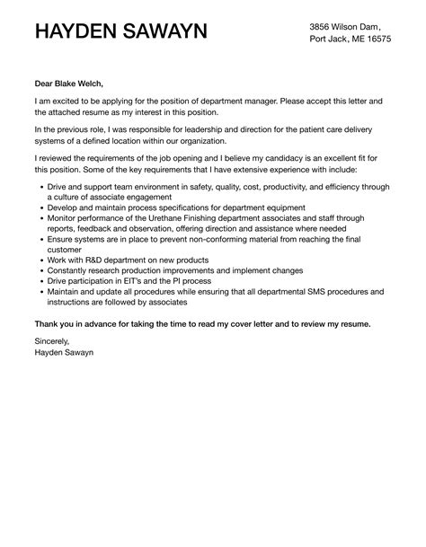 Department Manager Cover Letter Velvet Jobs