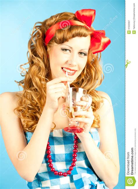 Portrait Coquettish Lovely Redhead Pin Up Girl Drinks