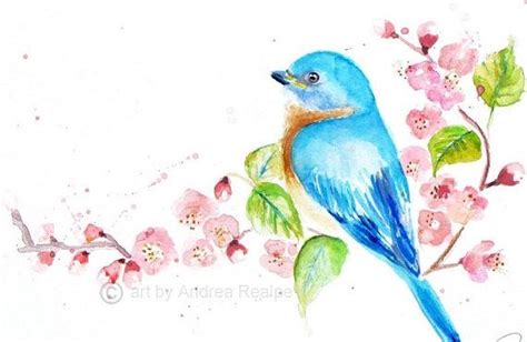 Bluebird Painting Bird Art Cherry Blossoms Watercolor Painting