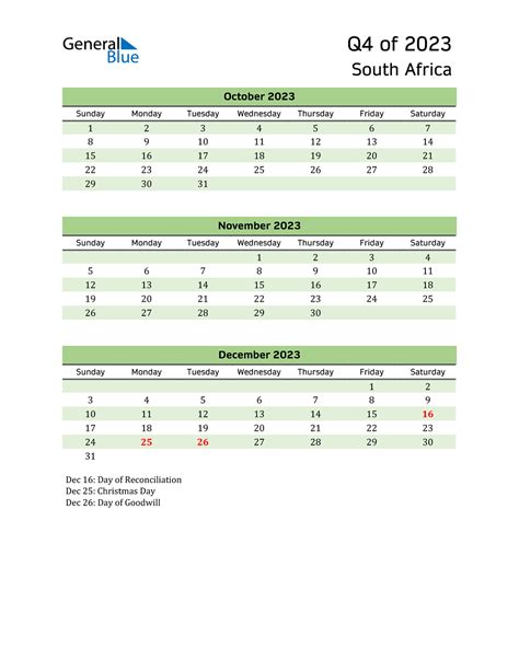 Q4 2023 Quarterly Calendar With South Africa Holidays